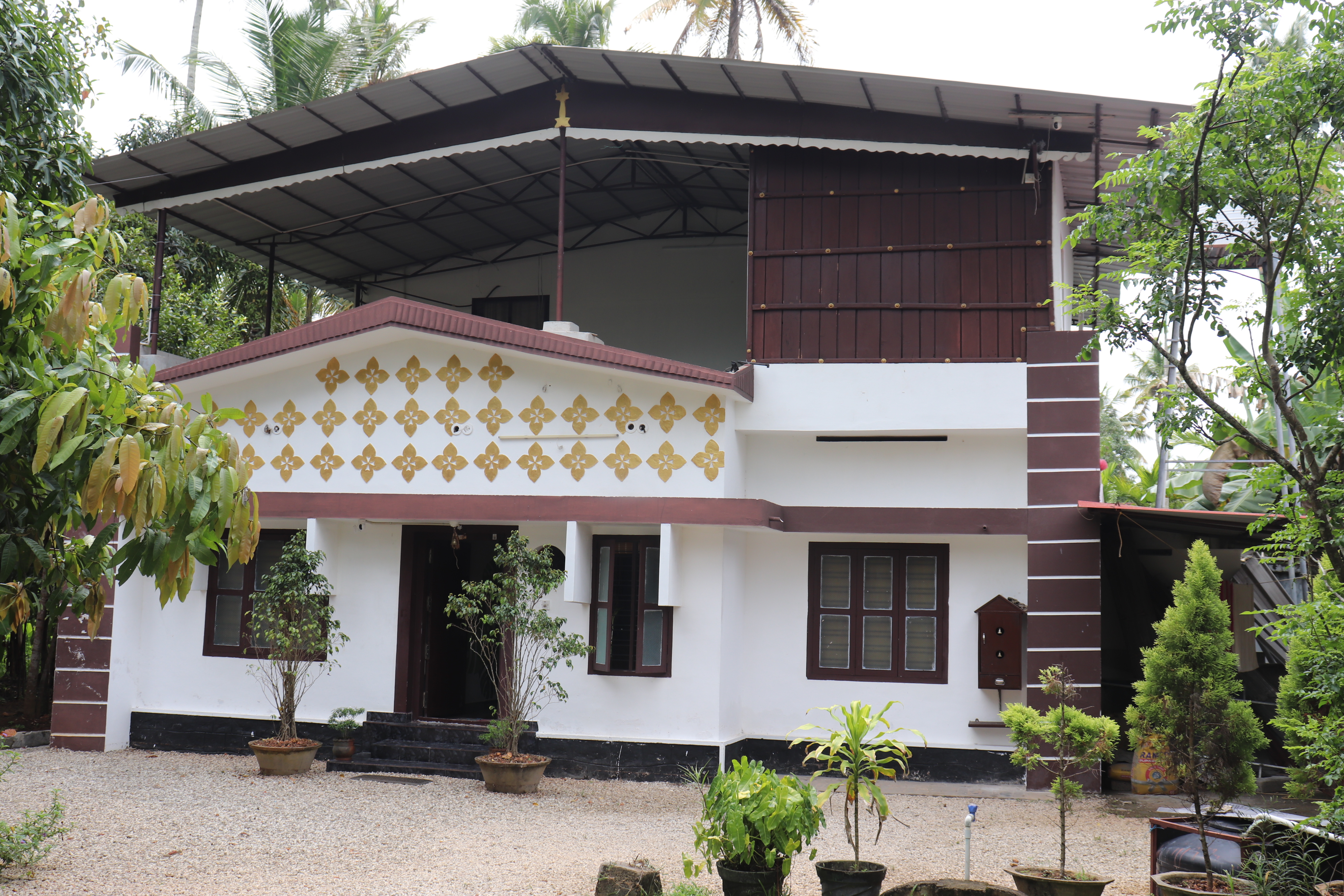 Front exterior of Turtle Island Homestays surrounded by greenery